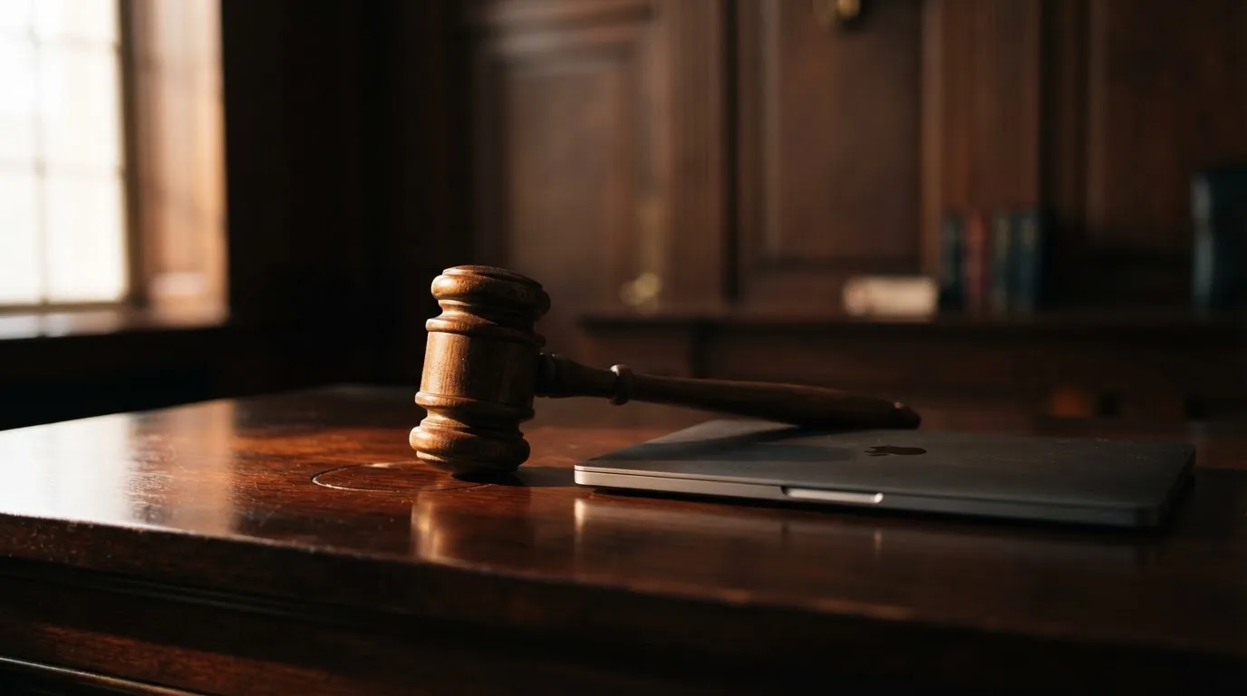 A gavel resting on a desk beside a closed laptop, suggesting a regulatory or legal enforcement action rather than a particular site.