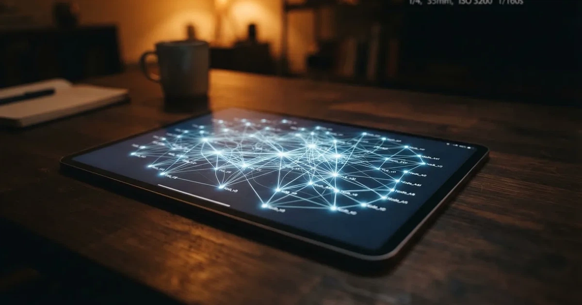 A network of glowing connected nodes displayed on a tablet screen, representing a distributed ledger diagram.