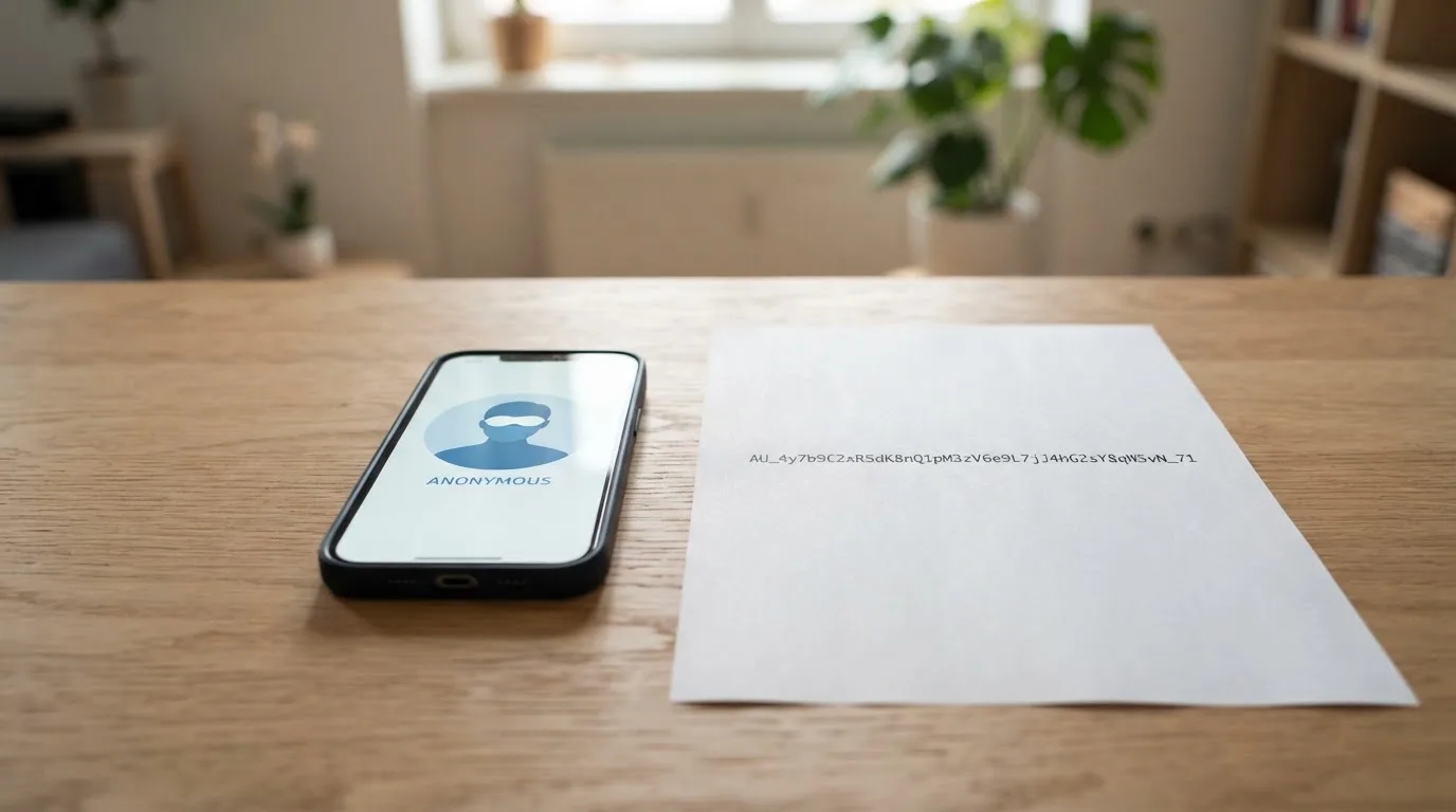 A masked profile icon on a phone screen next to a printed wallet address on paper, suggesting identity is partly hidden.