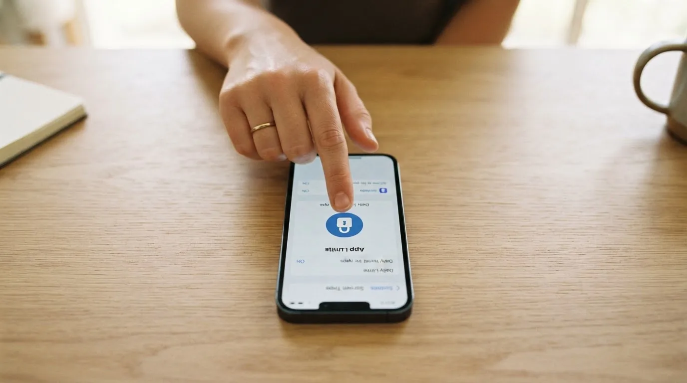 A hand adjusting a padlock icon on a phone's settings screen, symbolising a personal limit or block being set.