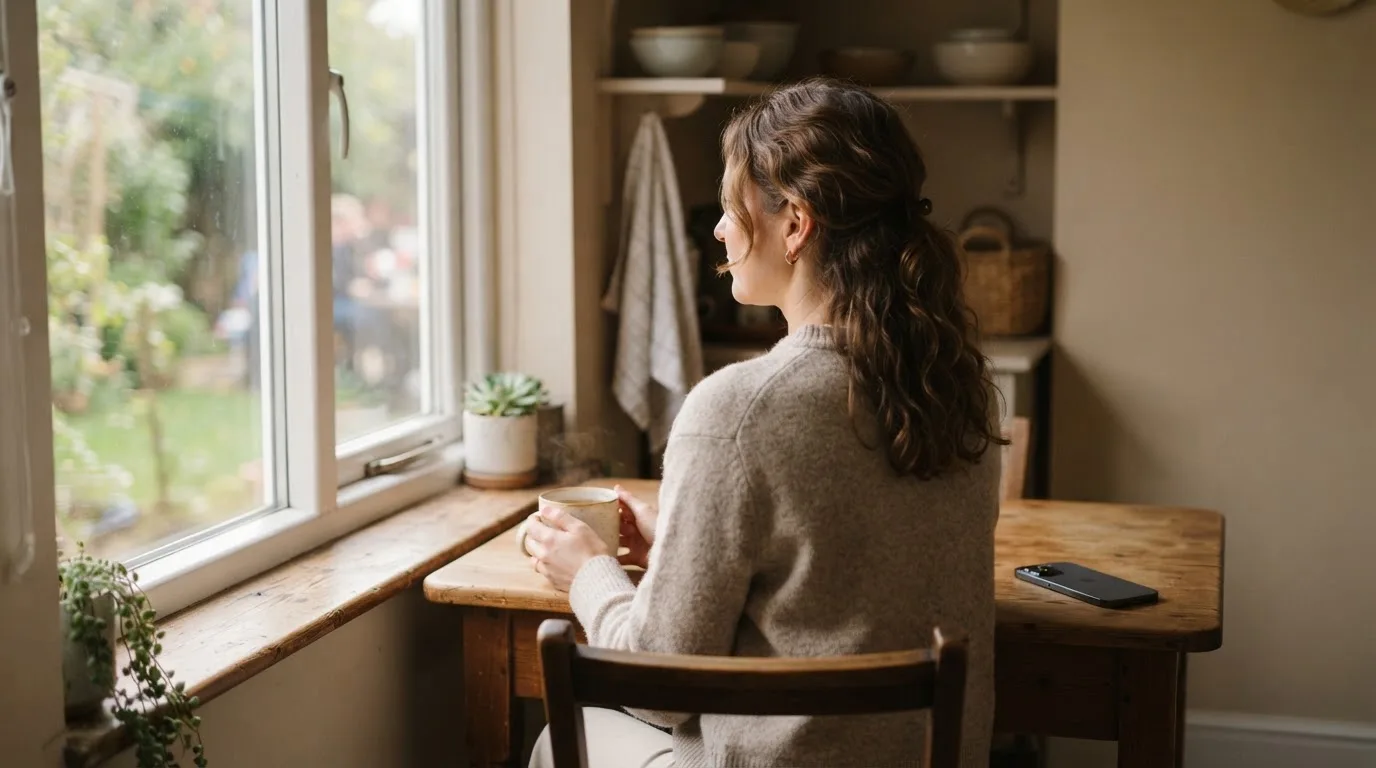 A person sitting calmly with a cup of tea, phone face-down on the table, looking out a window, a quiet self-care scene.